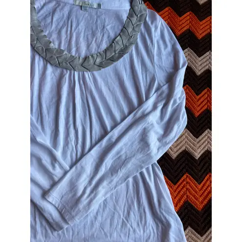 Boden White & Grey Pullover Cotton Jersey Top with Ruffle Scoop Neck sz 12