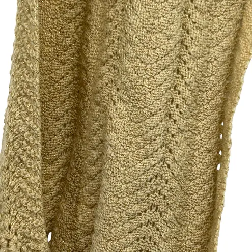 Vintage Hand Knit Metallic Gold Fringe Shawl Wrap 1960s Boho Evening Scarf