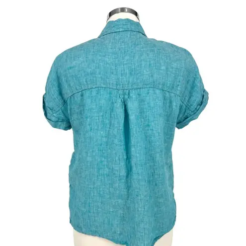 Tahari Turquoise 100% Linen Button-Up Short-Sleeve Shirt Blue Size Small