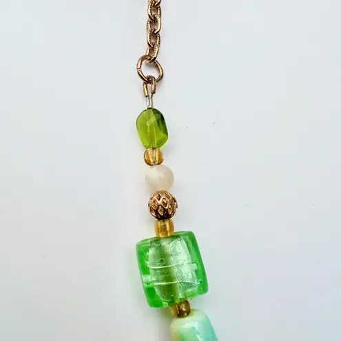 Handmade Green Art Glass Necklace Statement Beads Drop Pendant Toggle Clasp