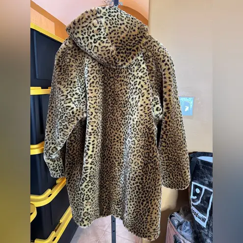 Dennis Basso Faux Leopard Fur Hooded Coat Zip Front Size 3X 26/28