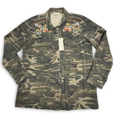 Mystree Jacket Womens Large Camo Embroidered Floral Utility Shacket Button Front