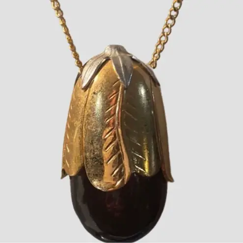 Vintage Avon Eggplant Shaped Perfume Bottle Holder Pendant Necklace 26" Gold
