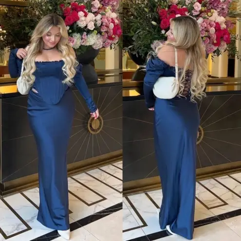 House Of CB  'Dana'‎ & Charlene Navy Puff Sleeve Corset & Maxi skirt Set NWOT L