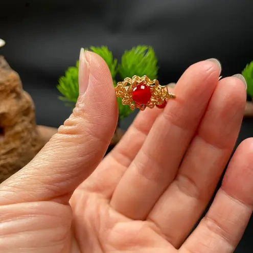 18K Gold Plated Red Agate Jewelry Set,Agate Beaded Charm Bracelet,Agate Ring