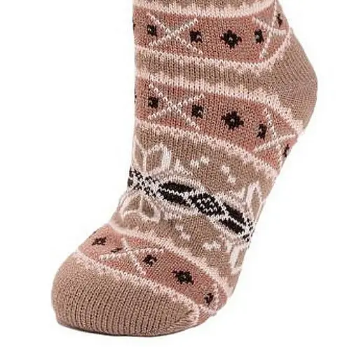 Muk Luks Rose and Brown Snowflake Cabin Socks Womens S/M Winter Slipper Knit Fur
