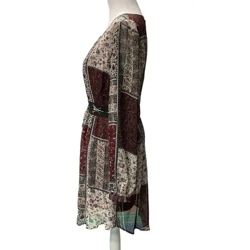 Hommage Women's Patchwork Long Sleeve Mini Dress Size Medium Red Black Tan