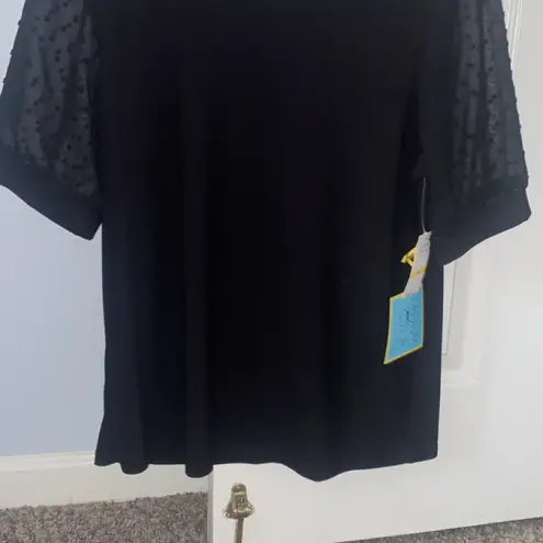 CeCe Women's Short Puff-Sleeve Mixed Media Knit Top Black Size M