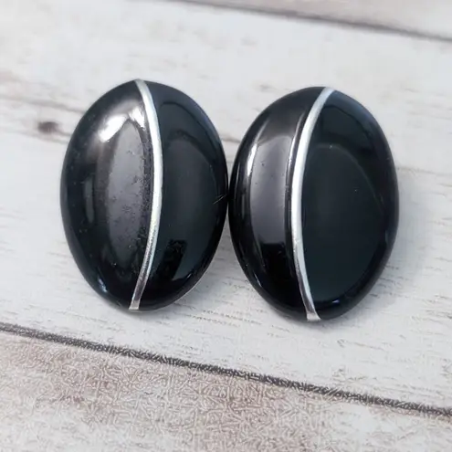 Vintage Stud Earrings For Pierced Ears Black & Silver Tone Statement Oval Retro
