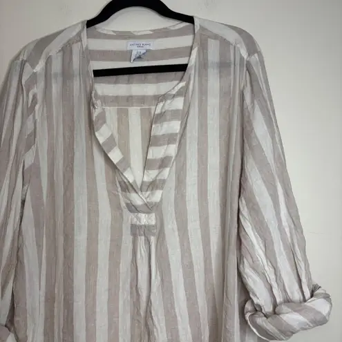 Antibes Blanc Linen Tunic Top Womens 2X Beige White Striped Roll Tab Sleeve Tan Size XXL