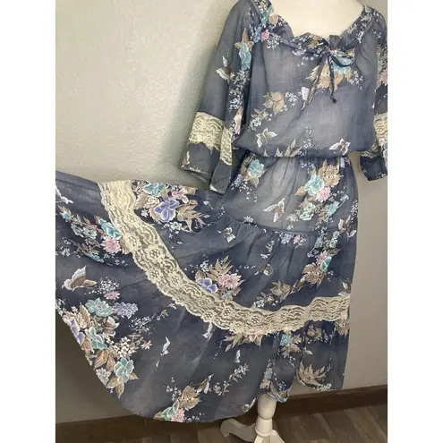 Vintage Dress S Boho Babydoll Cottage Romantic Prairie Floral Tiered Midi Sheer Blue