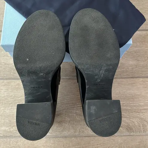 Prada  Chocolate Brushed Black Leather Heeled Loafers Size: 40