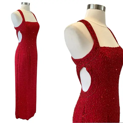 Sean Collection Vintage Red Silk Beaded Gown with Open Back