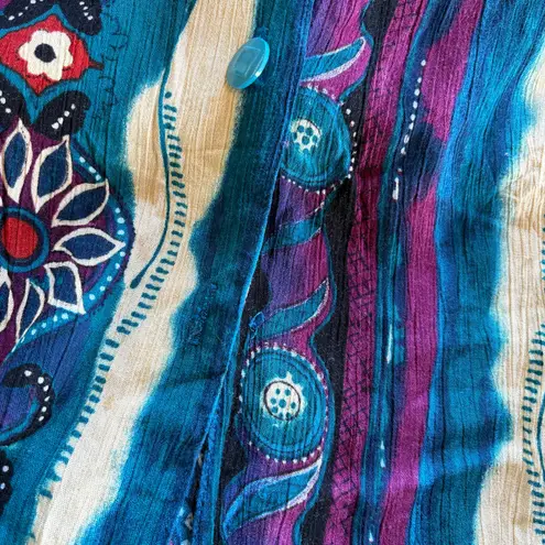 Vintage Teal Psychedelic Hippie Shirt Button Down Boho Beach Granola Medium Blue