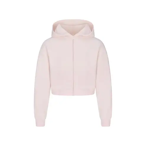SKIMS Cotton Fleece Shrunken Zip Up Hoodie in Barely Pink, Size Medium