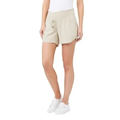 RIPE MATERNITY INDI LINEN PAPERBAG SMOCKED WAIST MATERNITY SHORTS EUC SIZE S Tan