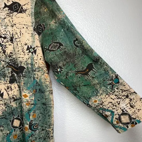 Cactus Shirt Womens Large Green Aztec Animals V Neck Rhinestones Tribal Casual