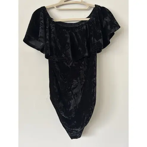 Altar'd State Altar’d State Black Ruffle Velvet Off The Shoulder Bodysuit Size Medium
