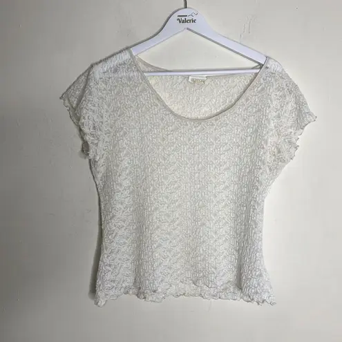Escapades White Lace Vintage Sheer Stretchy Short Sleeve Top Small Coquette