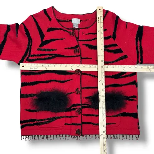 Vintage 90s Berek Beaded Tiger Stripe Cardigan Sweater Red Black Medium