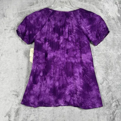 One World One World Top Purple Tie Dye Embroidered Casual Boho Hippie Size Small Petite