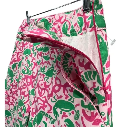 L.L.Bean  Skirt Womens 8 Pink Green Crab Lobster Print Pockets Lightweight Resort