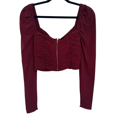 SELF PORTRAIT Cropped Long Sleeve Draped Gathered Knit Blouse Burgundy Top Sz 0 Red