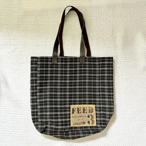 FEED Black White Grid Plaid Brown Leather Strap Tote Bag Nest Artisans