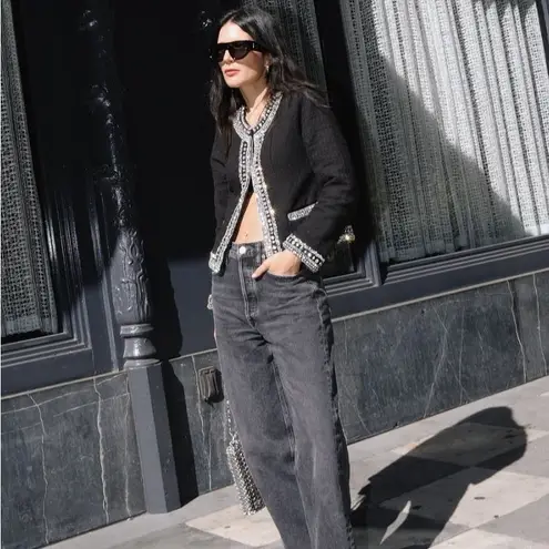 MISA Los Angeles Curtis Tweed Embellished Jacket in Black Size XS