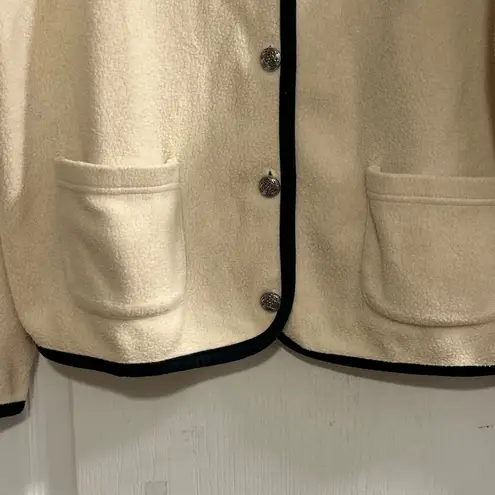 LL Bean Cream Fleece Cardigan Jacket Black Trim Button Front Pockets Large