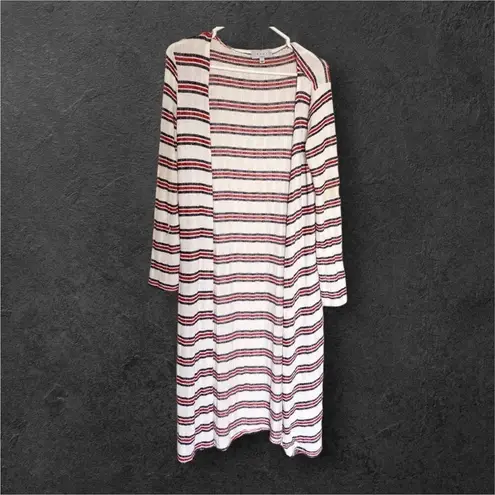 Gaze sz L Womens White Striped Long Open Front Sweater Nautical Gauzy Layering Size L