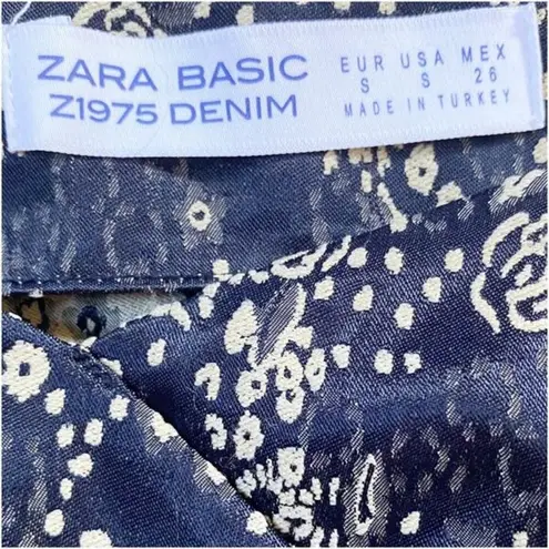 ZARA ‎ BASIC Z1975 Denim Off the Shoulder Dress Navy Blue w/ cream Floral Print