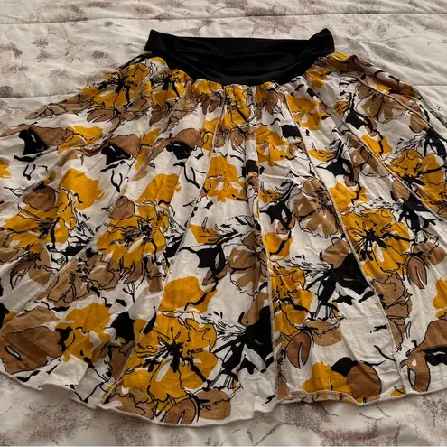 Susan Bristol linen blend floral yellow brown A-line lined midi skirt, size M