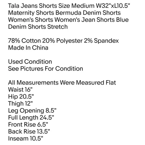 Tala Jeans Shorts Size Medium W32"xL10.5" Maternity Shorts Bermuda Denim Shorts Blue