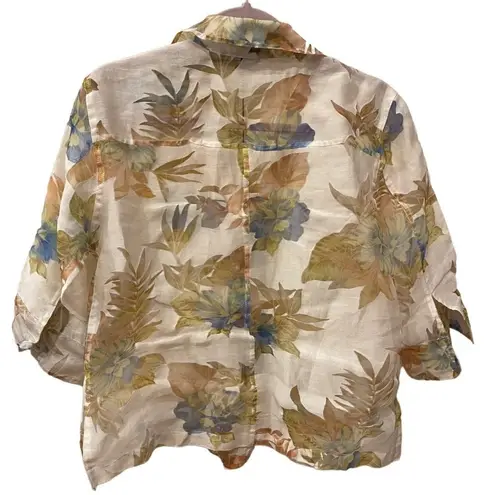 Elementz Sheer Floral Blouse 3/4 Sleeve Button Down Shirt Top Cream Size M