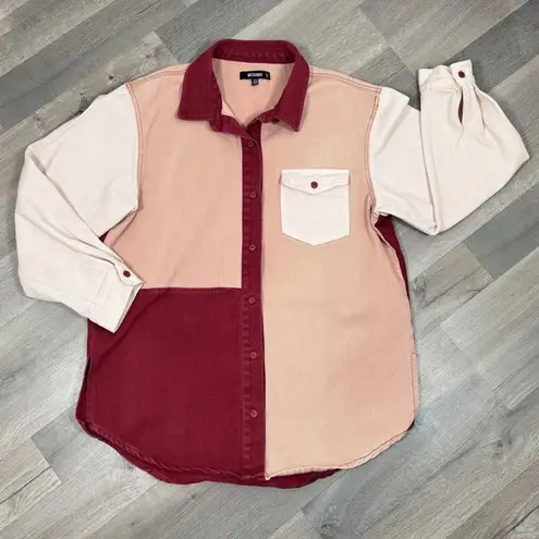 Missguided Color Block Oversized Denim Button Up Shirt Maroon Peach 8