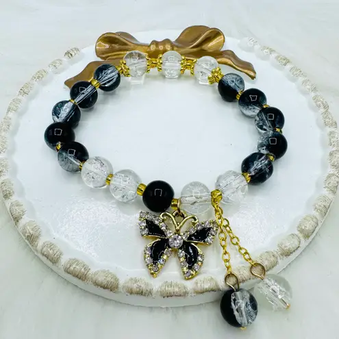 Gradient Black Beaded w/ Sparkly Bow Charm Bracelet