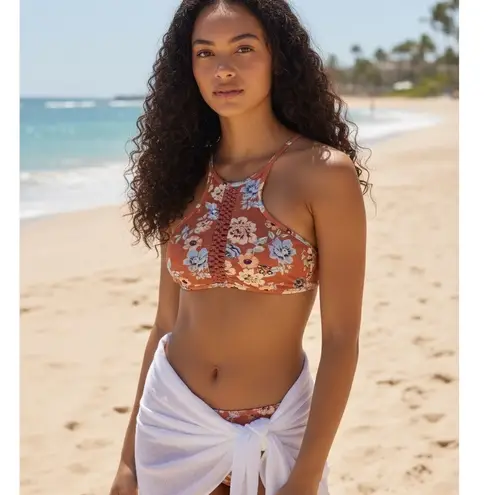 Ambrielle Floral Peach Halter Swim Top XL Braided Front Padded Cups Orange