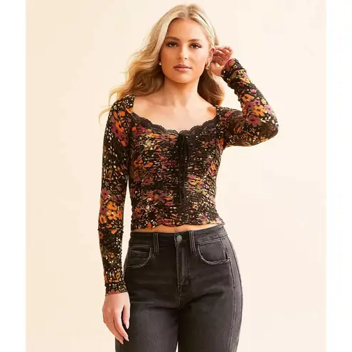 Free People  Layer It On Me Ruched Floral Top Stretch Lace Coquette Y2K Large - Image 7