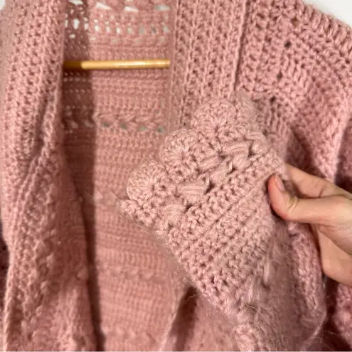 Handmade Pink Crochet Cardigan Duster – Scalloped Cottagecore Sweater (Size M/L)