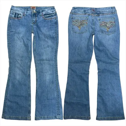 Rare Y2K NOBO Low Rise Flare Jeans Size 11 / 30” Bling Pocket Colorful Stitching Blue