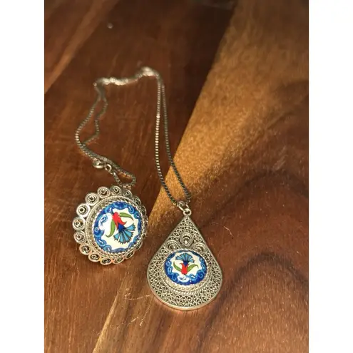 DGS Sterling Silver 925 Filigree Handpainted Ceramic Ring & Pendant Sz 6.5