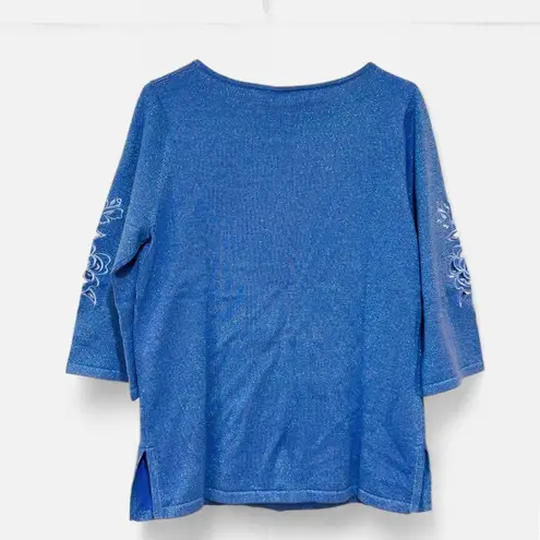 Bob Mackie Wearable Art Cut Out 3/4 Sleeves Blue Metallic Sweater Size S