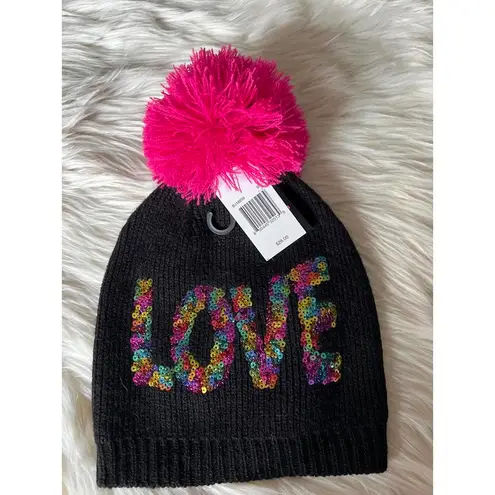 Betsy Johnson Black Beanie with Sequins and Pom Pom