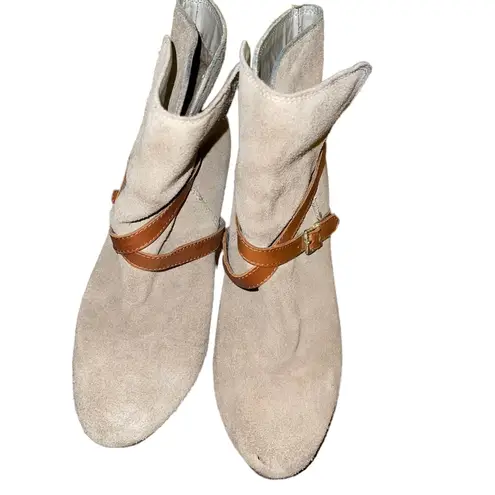 Loft  Ankle Boots Tan W/ Brown Strap Wood Heel Size 7.5M Women’s