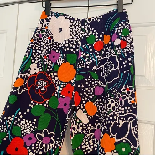 Vtg 60s 70s Kahala Abstract Floral Print Straight Wide Crop Pants Sz XS Blue