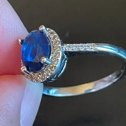 Oval blue sapphire silver plated CZ ring Size 10