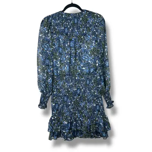 Veronica Beard NWOT Saera Blue Multi Floral Smocked Crepe Mini Dress Size 0