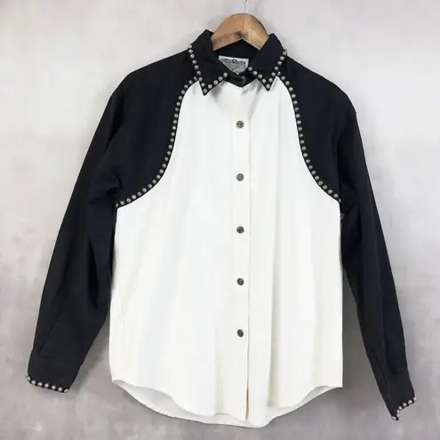 Vintage San Angelo Women Western Shirt M Black White Studded Cowgirl Rodeo Ranch Size M