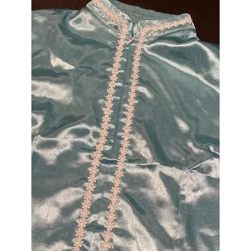 Elegant Teal satin Jacket with Floral Lace Trim Formal Evening Wear Size M